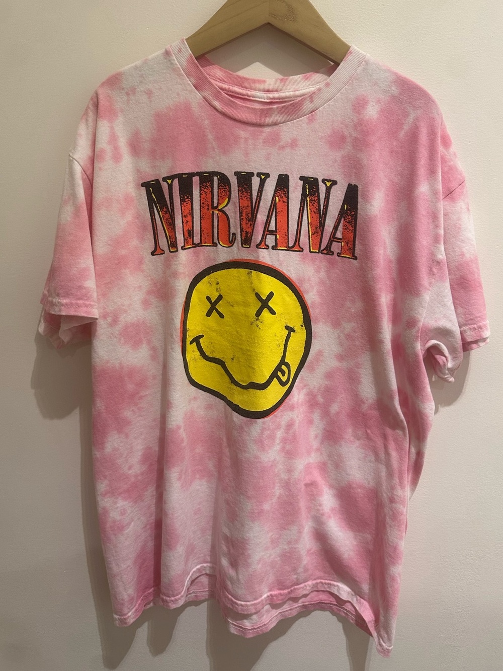 NIRVANA Pink Tie-Dye Tee with Yellow Smiley Logo L